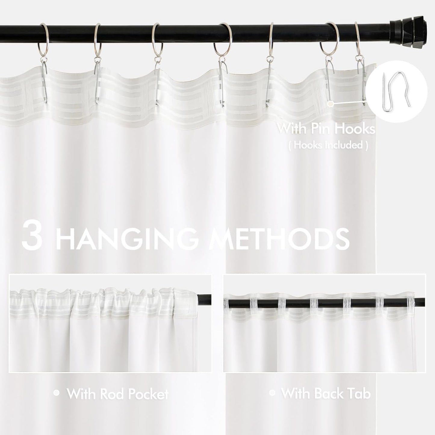 MIULEE Pure White Back Tab Blackout Curtains 108 Inch Long 2 Panels Set for Bedroom, Rod Pocket/Pinch Pleat Extra Long Thermal Insulated Living Room Darkening Pleated Light Blocking Drapes