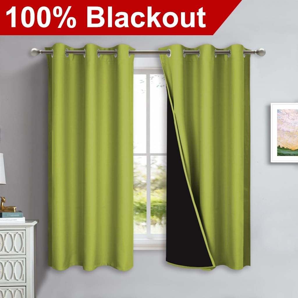 NICETOWN 100% Blackout Short Curtains with Black Liners, 2 Panels, 37" W by 63" L, Fresh Green, Solid Thermal Insulated Full Blackout 2-Layer Lined Drapes, Energy Efficiency Window Drapes for Bedroom