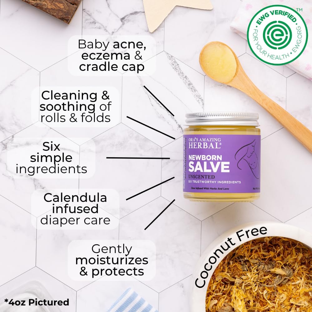 Ora's amazing Herbal, Newborn Salve, Diaper Rash Cream, Calendula Baby Balm, EWG Verified Baby Ointment, Acne Eczema, Butt Cream, Infant Massage, Natural Paraben Free, Good for Sensitive Skin 1 & 4 oz