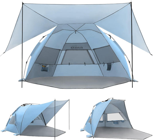 Elegear Beach Tent with Canopy, 1-Second Setup Pop Up Sun Shelter Shade, UPF 50+ UV Protection Silver-Coated Lightweight Portable Beach Cabana