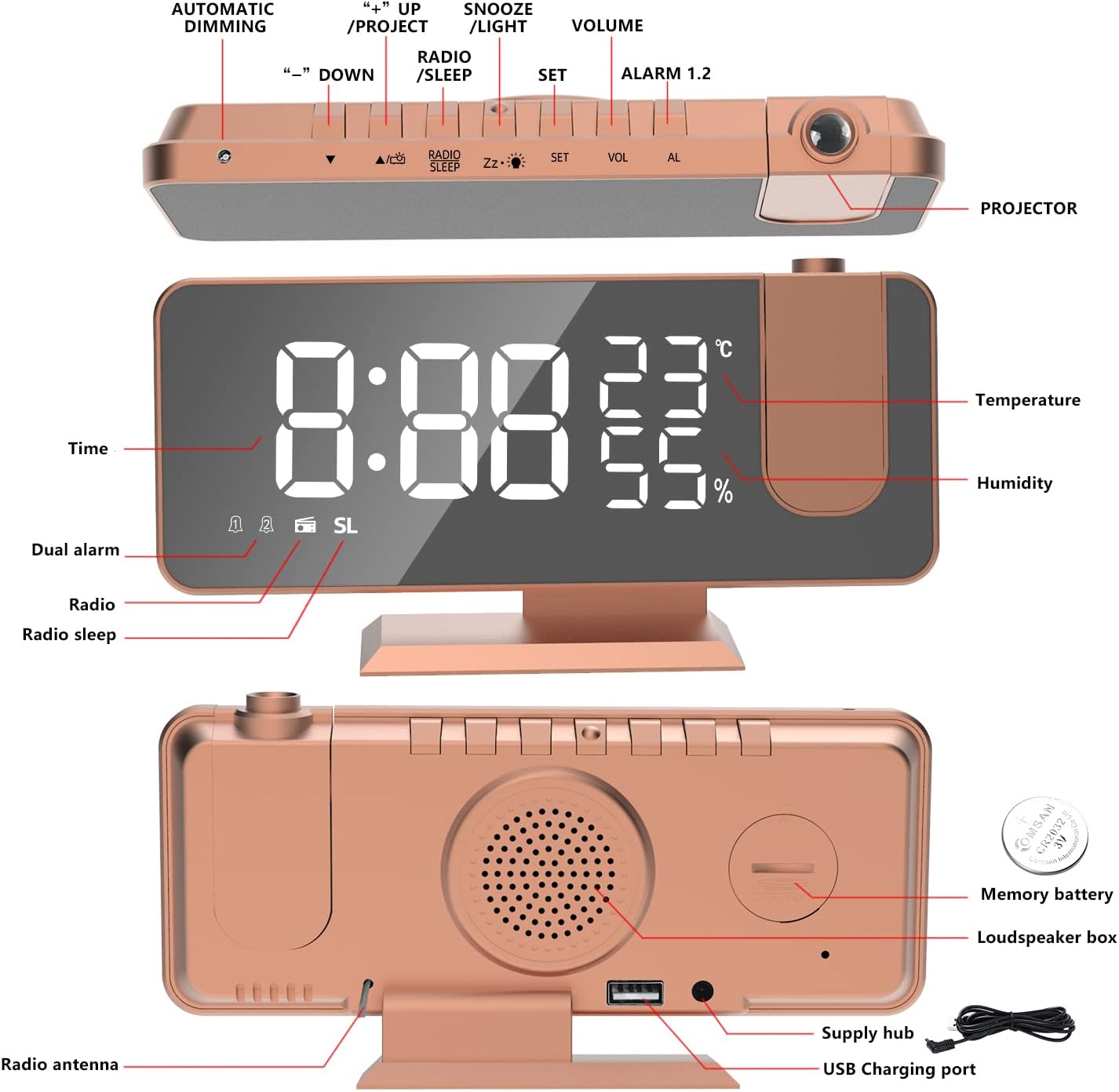 Projection Digital Alarm Clock for Bedrooms, Alarm Clock Radio on Ceiling, USB Charger Port, Temperature & Humidity Display, 7.3” Large Mirror LED Display,12/24H,Snooze,Dual Loud Clock- 4 Dimmer