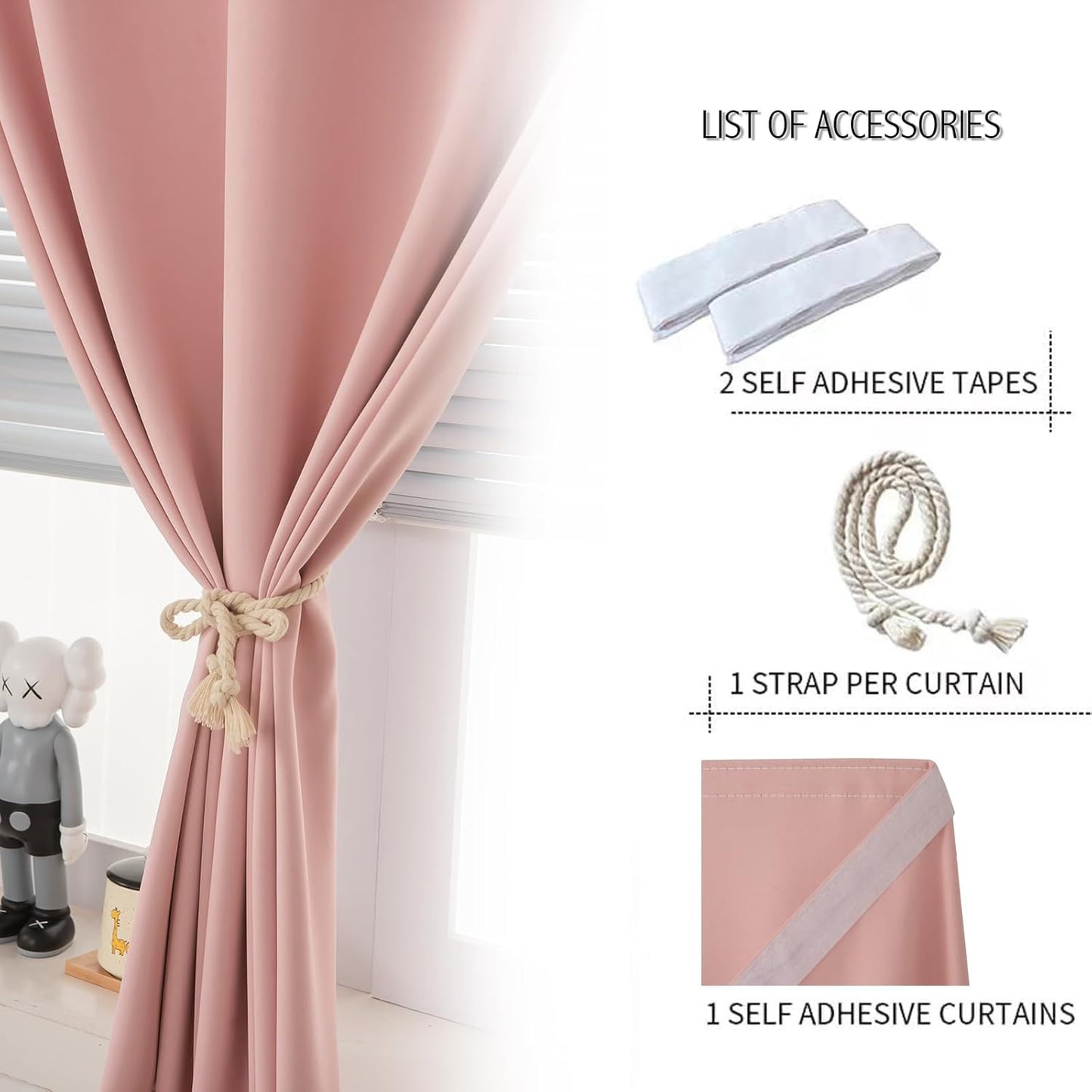 Self Adhesive Blackout Curtains- Stick on Curtains Shades Window Blinds Curtains No Rod Needed Easy to Hang Curtain, Use for Bedroom, Living Room,Roman Shades, 47" W X 79" L, Pink, 1 Panel