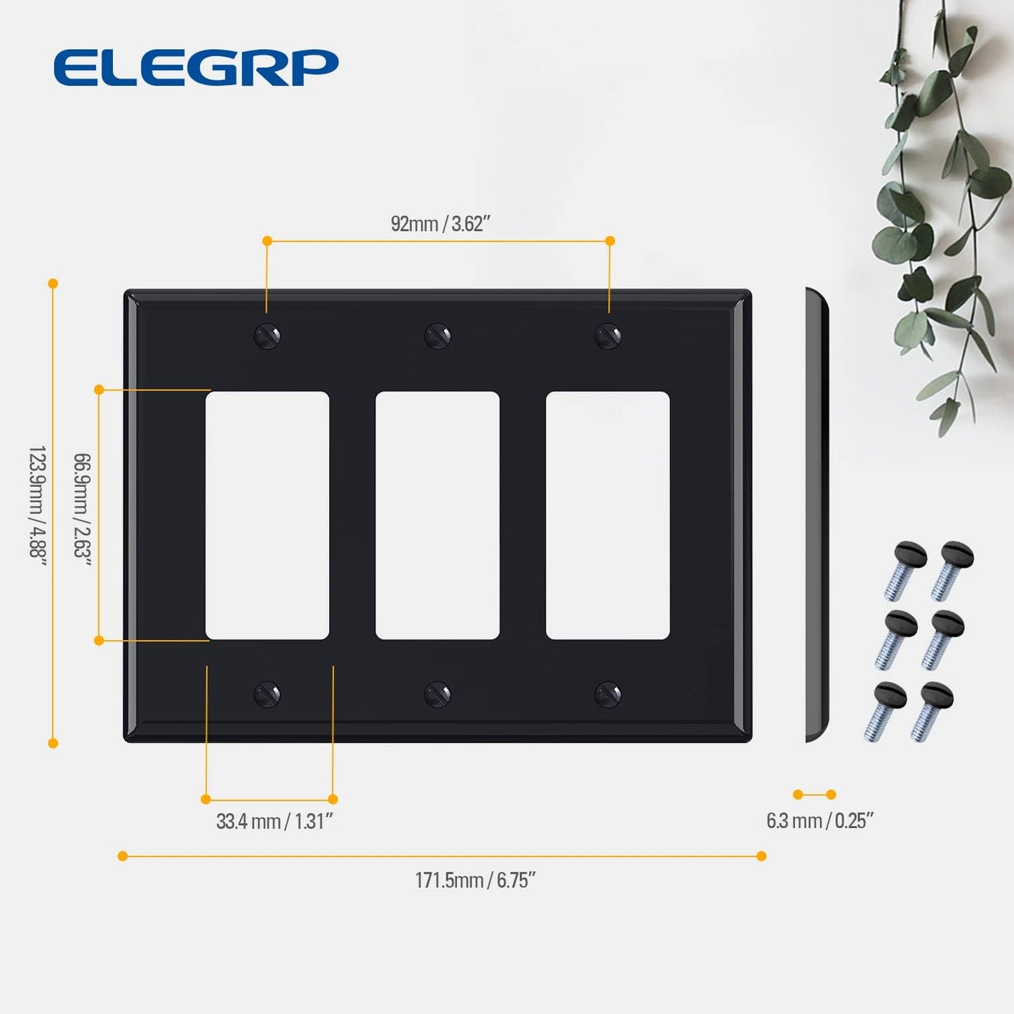 ELEGRP 3-Gang Decorative Wall Plates, Mid-Size 4.88" H x 6.75" L Unbreakable Thermoplastic Faceplate Cover for Decorator Receptacle Outlet Switch, UL Listed (2 Pack, Glossy Black)