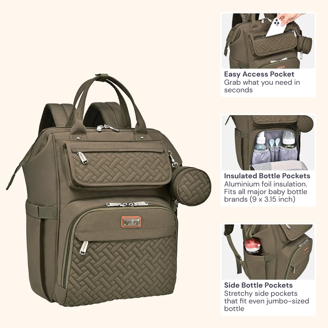 BabbleRoo Diaper Bag Backpack, Multifunction Nappy Changing Bag with Changing Pad, Stroller Straps & Pacifier Case, Unisex Stylish Travel Back Pack for Moms & Dads - Army Green