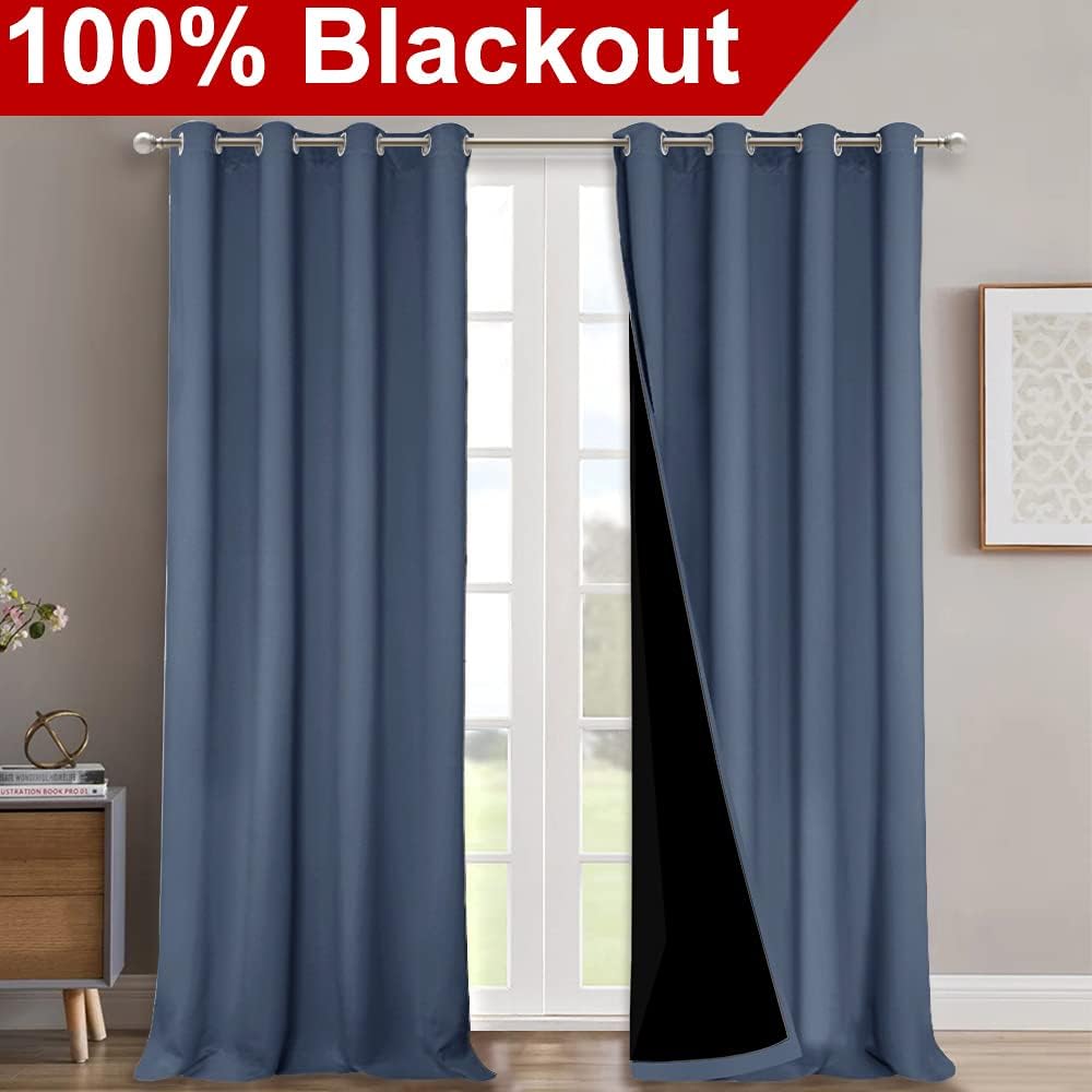 NICETOWN 100% Blackout Curtains for Windows, Pack of 2, Stone Blue, 52" W x 102" L, Super Heavy-Duty Black Lined Total Darkness Drapes for Bedroom, Privacy Assured Window Treatment for Patio