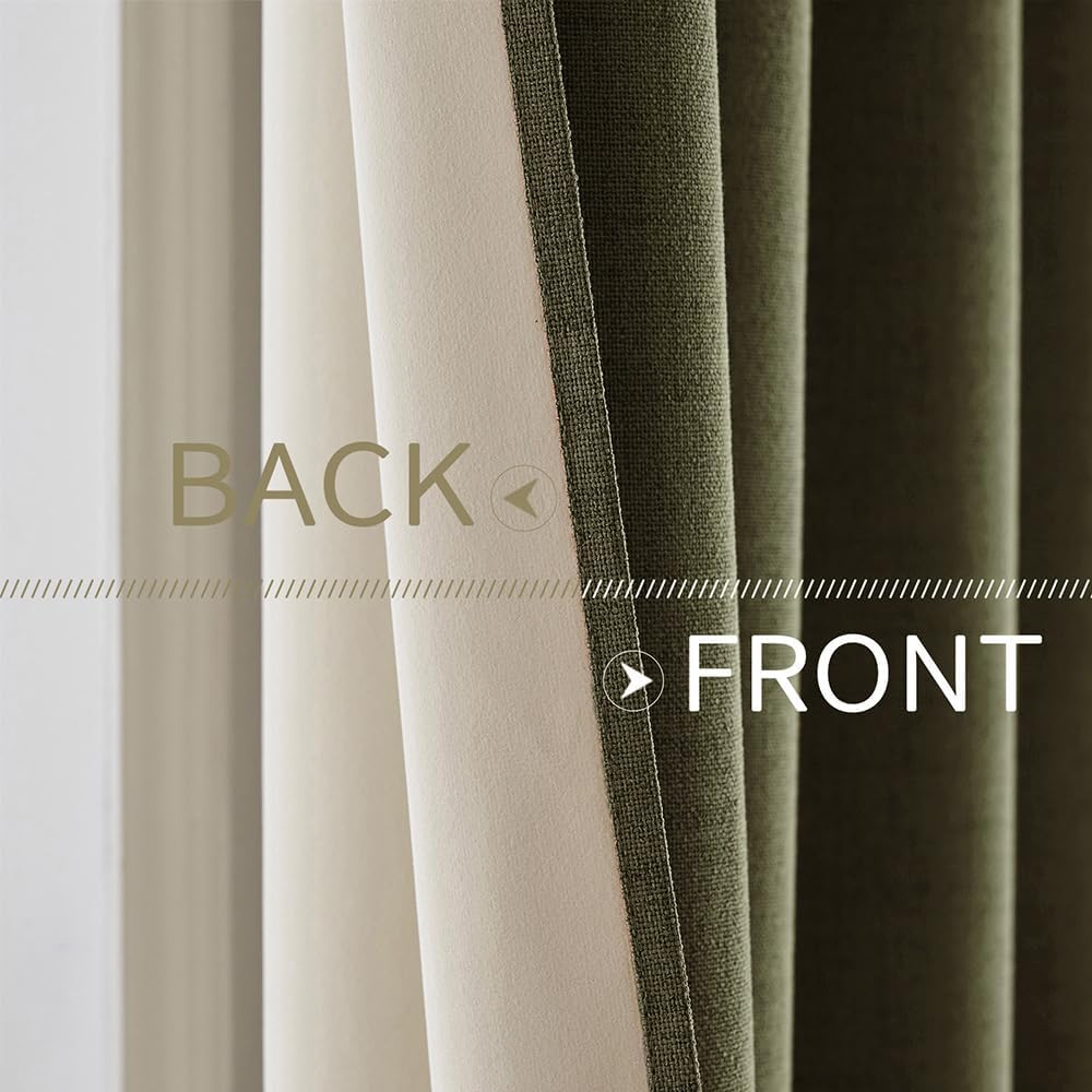 MIULEE Linen Texture Curtains for Bedroom Solid 100% Blackout Thermal Insulated Light Olive Green Curtains Grommet Room Darkening Drapes for Living Room Nursery 52x63 Inch (2 Panels)