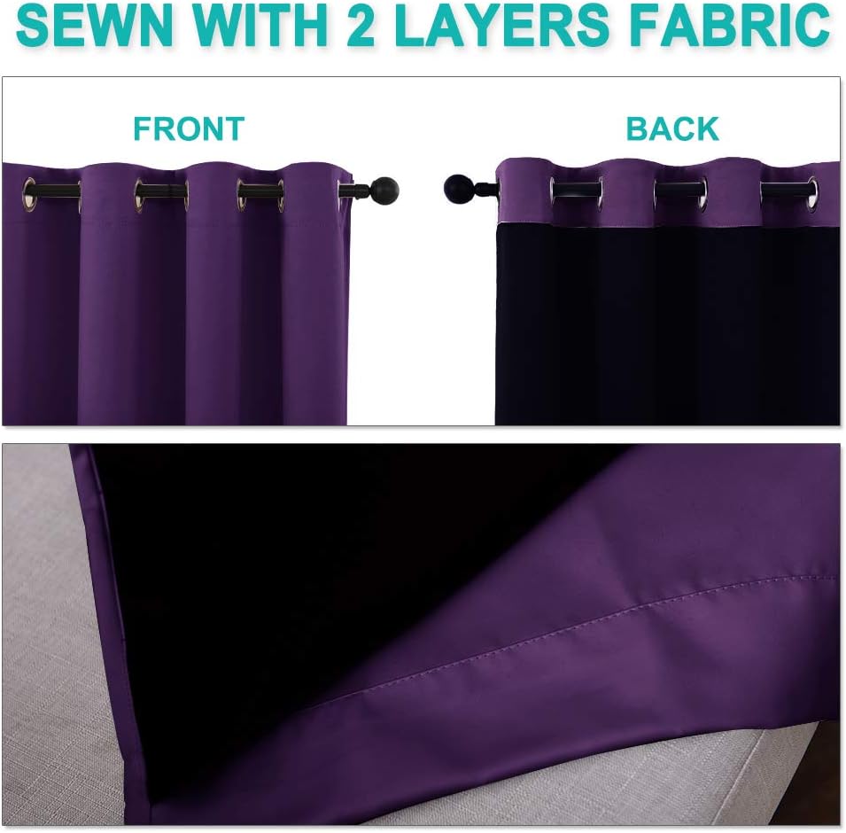 NICETOWN 100% Blackout Curtains with Black Liner Backing, Thermal Insulated Curtains for Living Room, Noise Reducing Drapes, Royal Purple, 52" Wide x 102" Long Per Panel, Set of 2 Panels