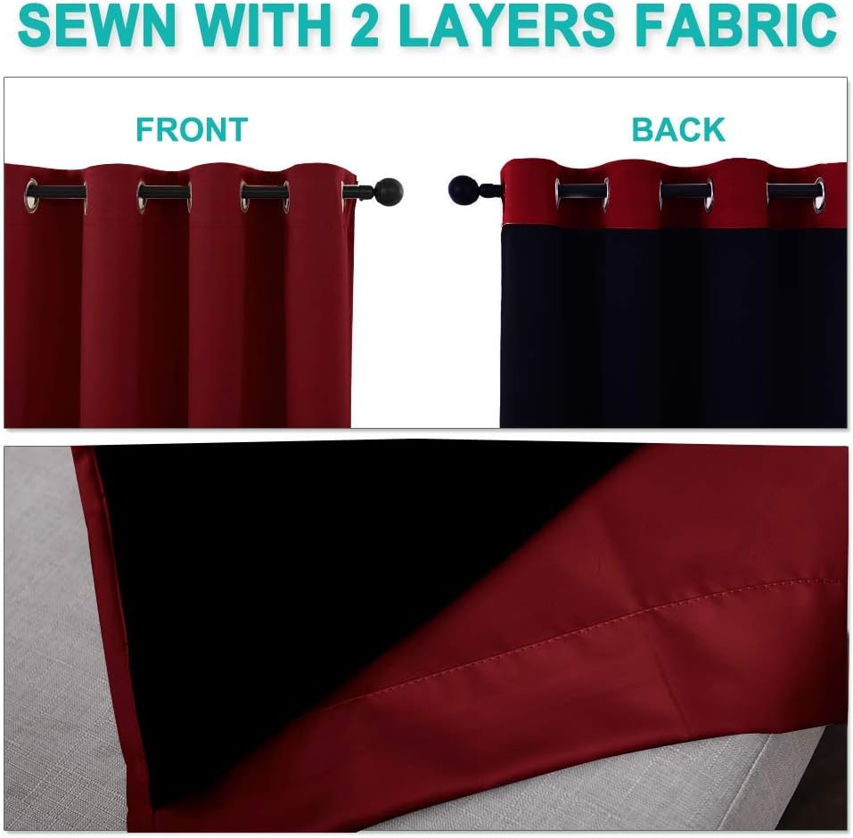 NICETOWN 100% Blackout Curtains with Black Liner Backing, Thermal Insulated Curtains for Living Room, Noise Reducing Drapes for Christmas, Burgundy Red, 37" x 80" Per Panel, Set of 2