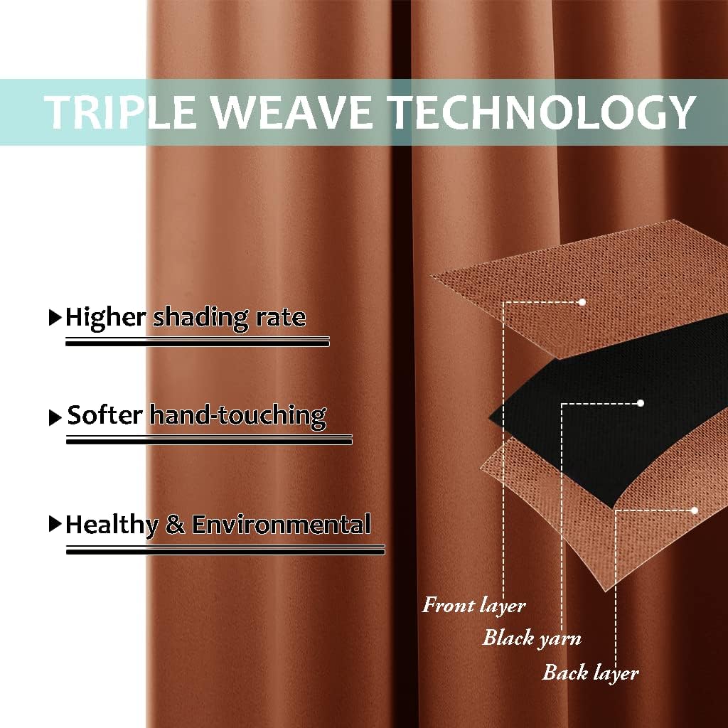 NICETOWN Burnt Orange 100% Blackout Lined Curtains, 2 Thick Layers Completely Blackout Window Treatment Thermal Insulated Drapes for Kitchen/Bedroom (1 Pair, 70" Width x 63" Length Each Panel)