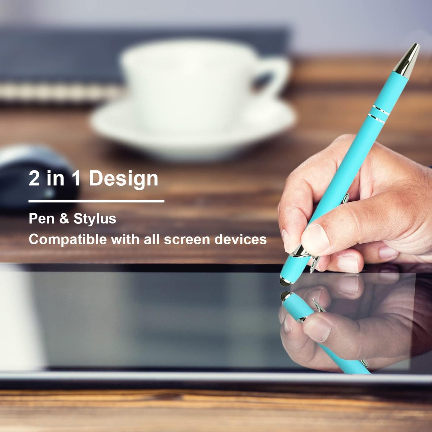 Ballpoint Pen with Stylus Tip, Soft Touch Click Metal Pen, 1.0mm Medium Point, Black Ink, 12 Count(Light Blue)
