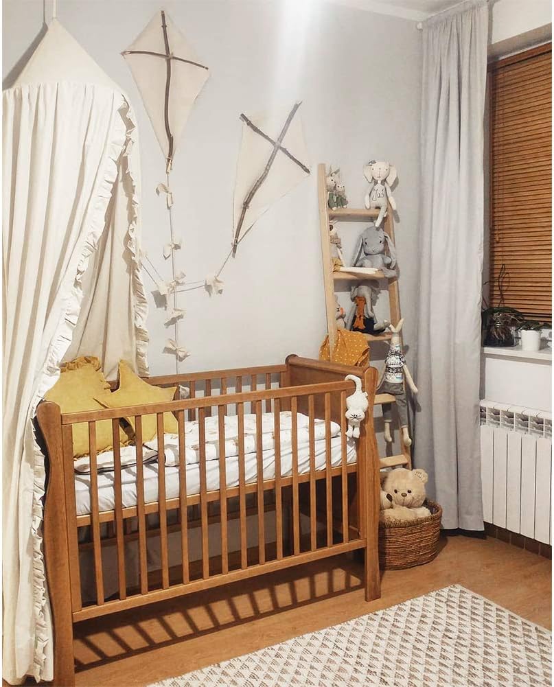 Bed Canopy with Frills Reading Nook Game Tent for Kids Boho Hanging Net Play Room Decor(Beige)