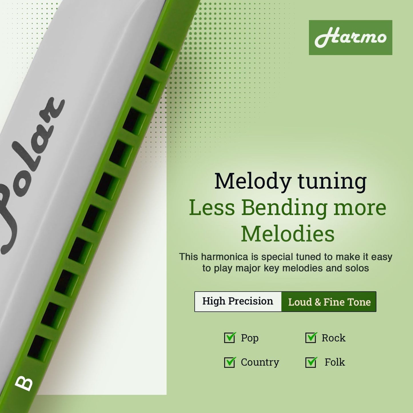 Polar Diatonic Melody Tuned Harmo Harmonica Key of B - Special Tuning for Easy Melodies in Cross Harp, 2 Octaves Without Bends, Loud & Responsive with Smooth Edges - USA-Checked