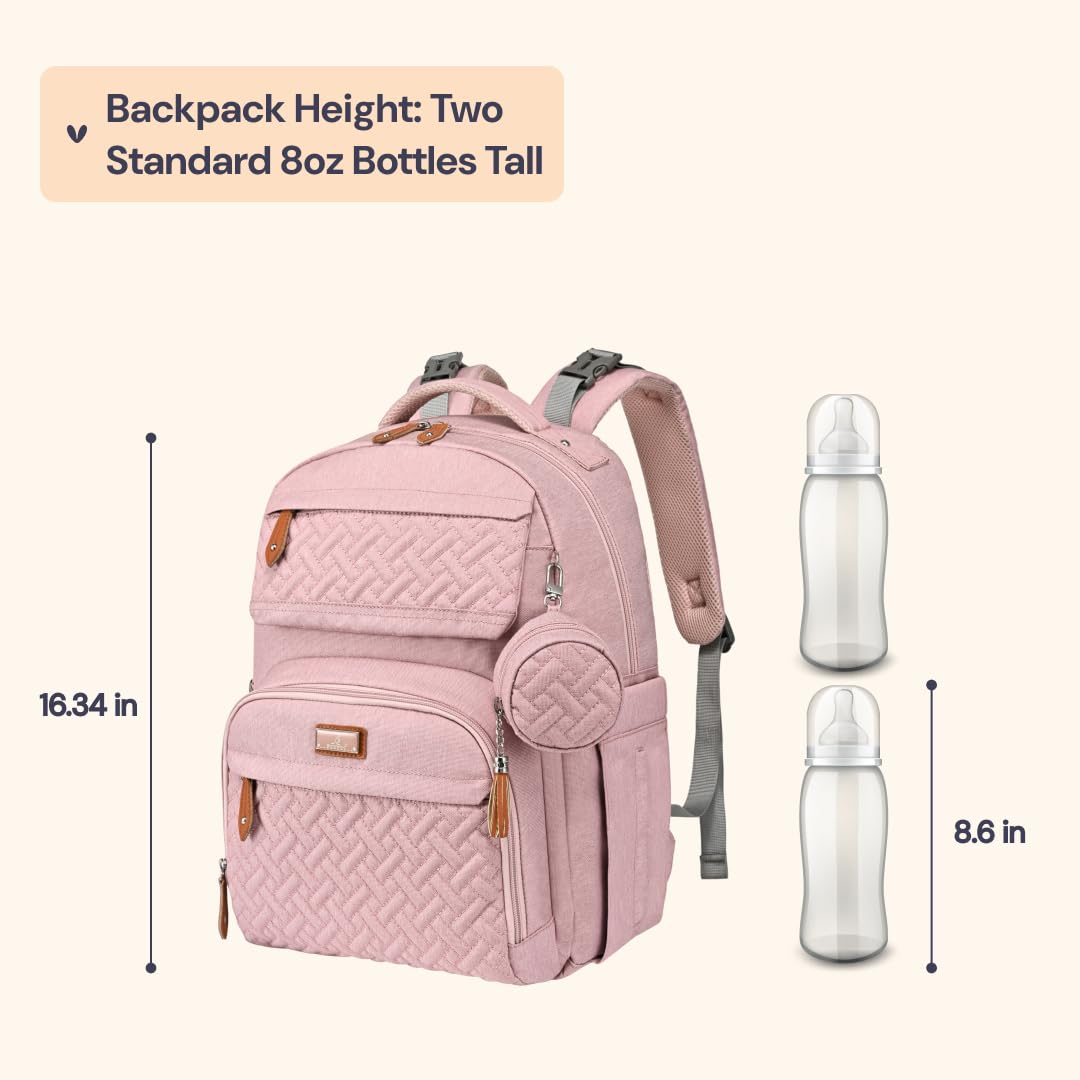 BabbleRoo Diaper Bag Backpack, Travel Backpack with Changing Pad, Pacifier Case & Stroller Straps, Multifunction, Waterproof, Unisex – Pink