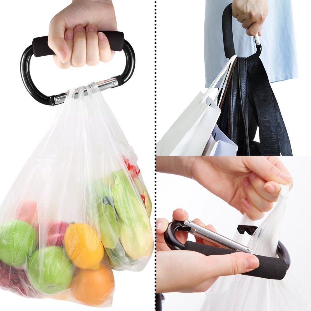 Large Stroller Hooks for Mommy, 2 pcs Carabiner Stroller Hook Organizer for Hanging Purses, Diaper Bag, Shopping Bags. Clip Fits Single/Twin Travel Systems, Car Seats (Silver+Golden Yellow)