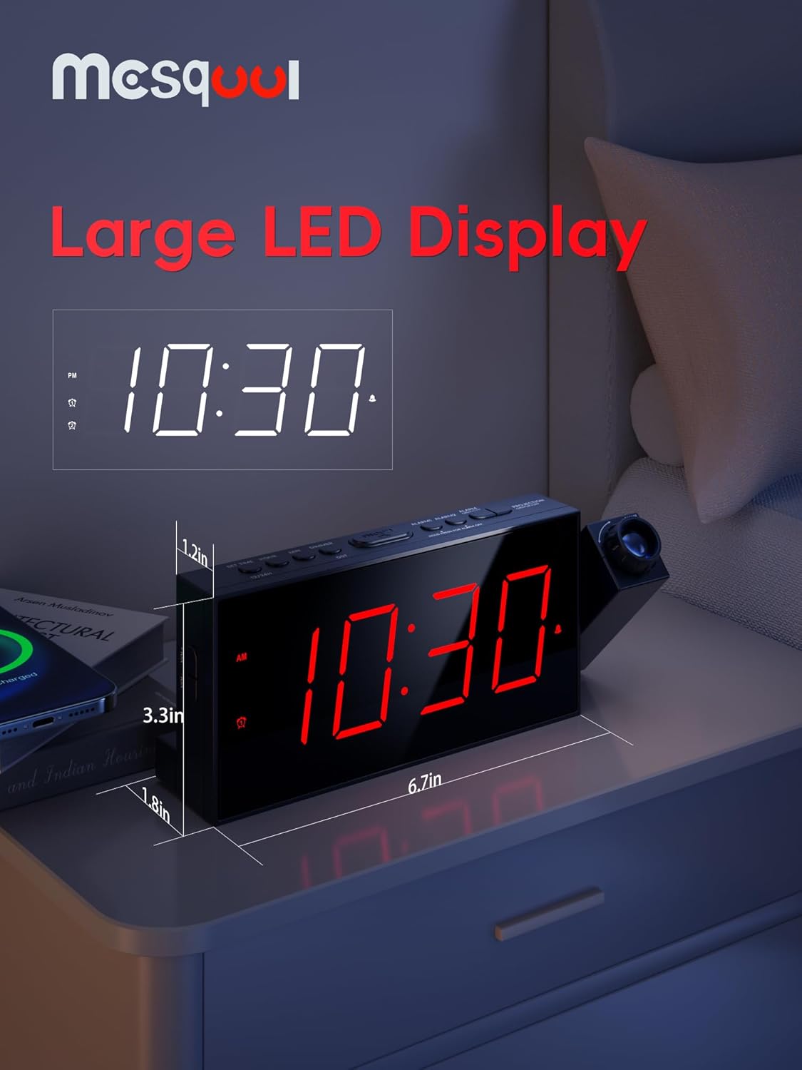 Mesqool Projection Alarm Clock, Loud Vibrating Alarm Clock for Heavy Sleepers, Adjustable Projection Brightness,Hearing Impaired & Deaf People, Digital Alarm Clock with USB Charging Port
