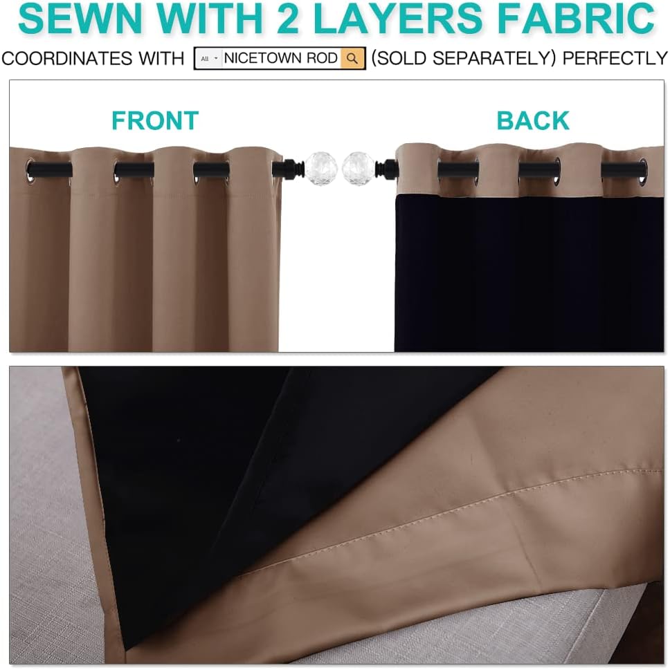 NICETOWN Warm Curtains for Winter, 100% Blackout Curtains Thermal, Noise Reduction and Privacy Curtains for Patio Door, Black Lined Blackout Drapes with Grommet Top, Cappuccino, 1 Pair, W62 x L84