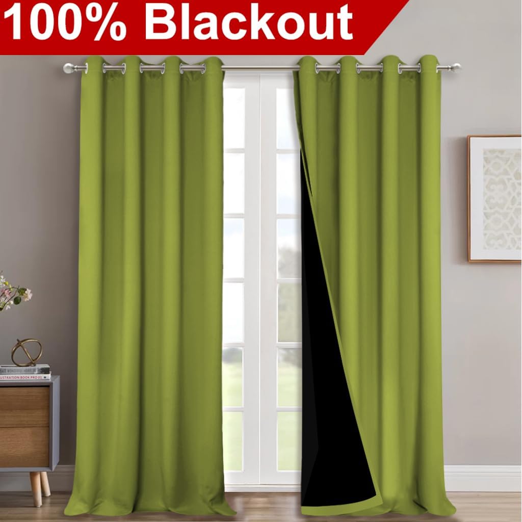 NICETOWN Full Shading Curtains for Windows, Fresh Green, Pack of 2, 52 inches W x 95 inches L, Super Heavy-Duty Black Lined Blackout Curtains for Bedroom, Privacy Assured Window Treatment