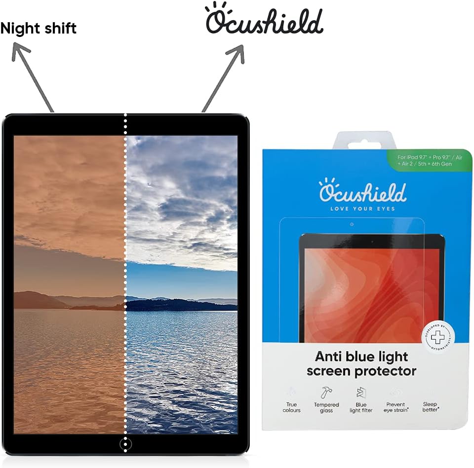 Ocushield Anti Blue Light Tempered Glass Screen Protector for iPad Air, iPad Pro 9.7' - Blue Light Filter