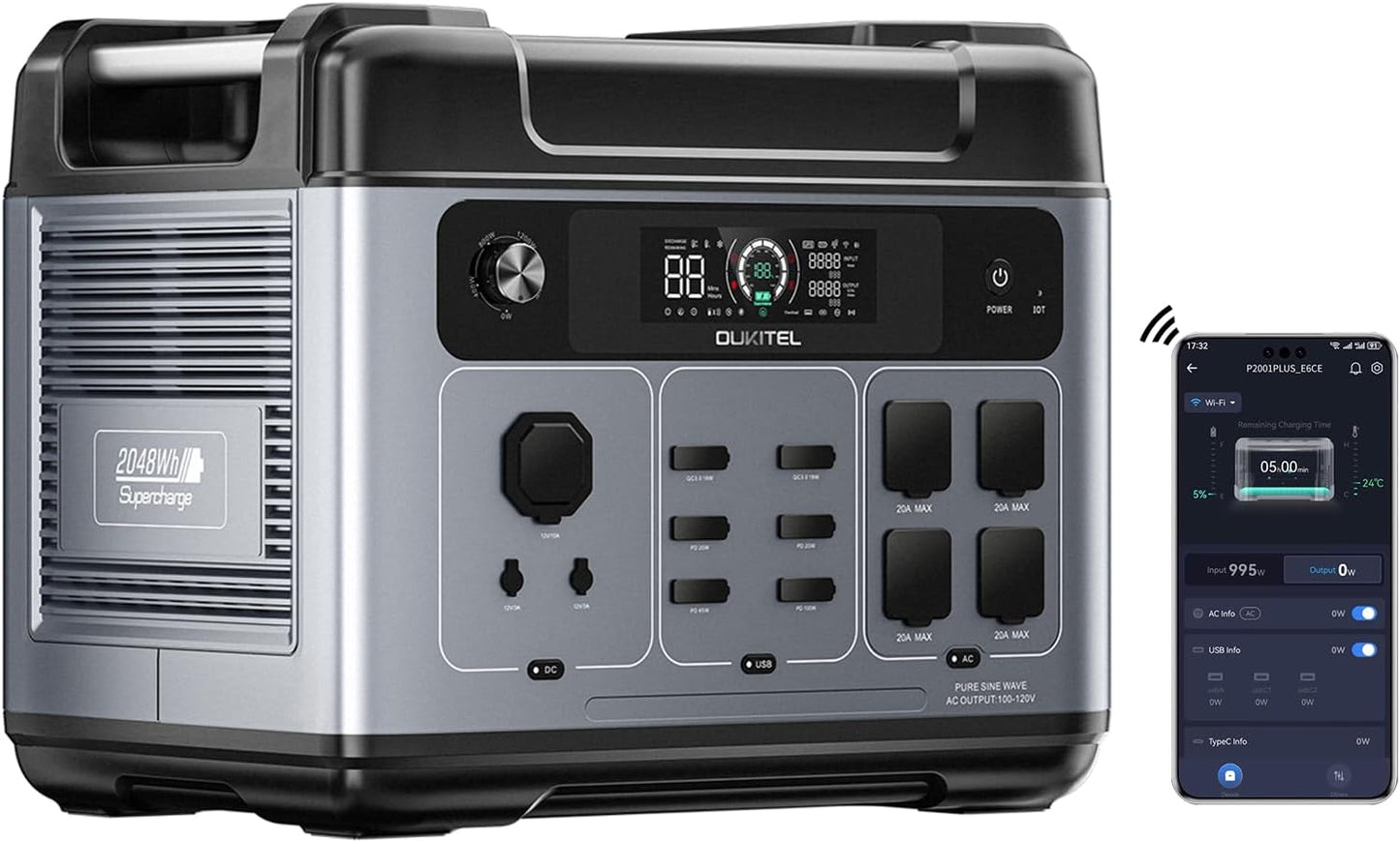OUKITEL Portable Power Station 2048Wh, 2400W (5000W Surge), Pure Sine Wave AC Outlet, LiFePO4 Battery for Home Backup, Outdoors Camping