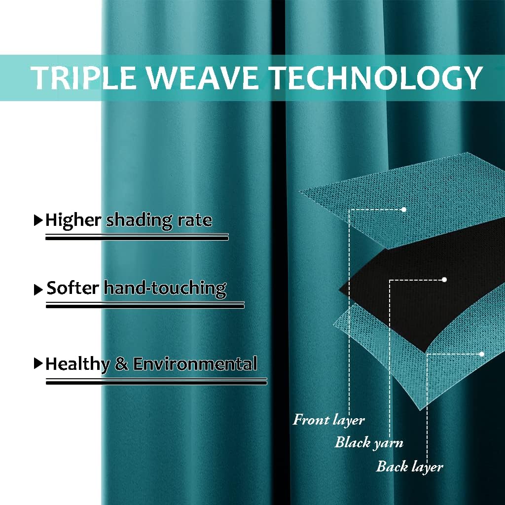 NICETOWN Peacock Teal 100% Blackout Curtains 45 inches Long, 2 Thick Layers Completely Blackout Window Treatment Thermal Insulated Lined Drapes for Small Window (1 Pair, 42 inches Width Each Panel)