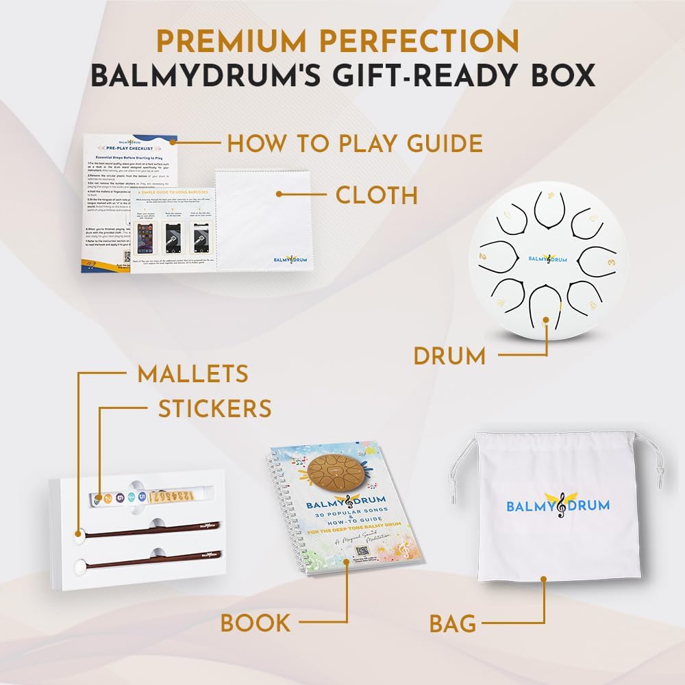 The Balmy Drum - 8 Note 6 Inch Steel Tongue Drum, Steel Drum Instrument, Drums For Children and Adults, Balmy Drum Set for Kids with Music Book, Handpan, Mallet and Carry Bag (White)