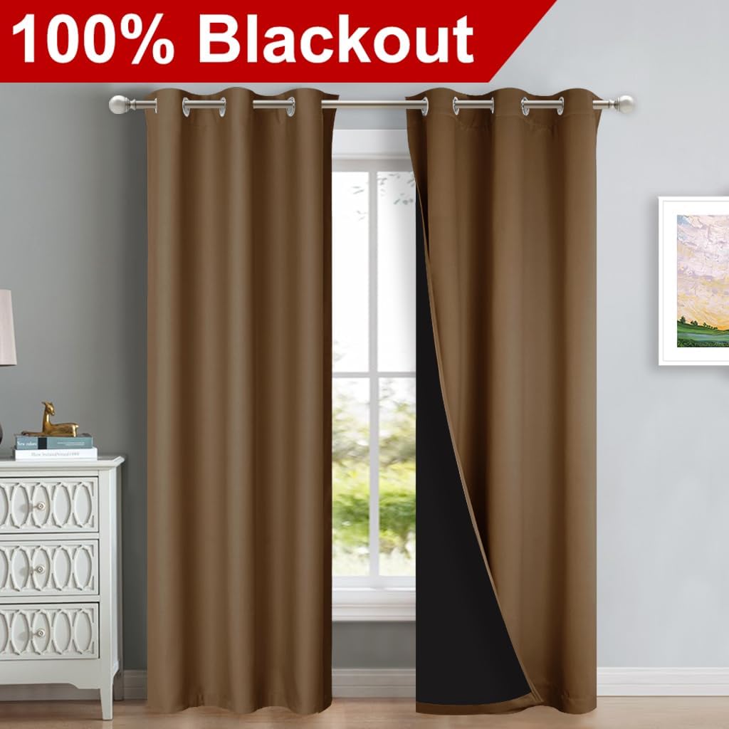 NICETOWN Gold Brown Full Shade Curtain Panels, 37" Wide x 84" Long, Pair of Thermal Insulated & Energy Efficiency Blackout Drapes for Living Room Windows, Lined Silky Performance Window Dressing