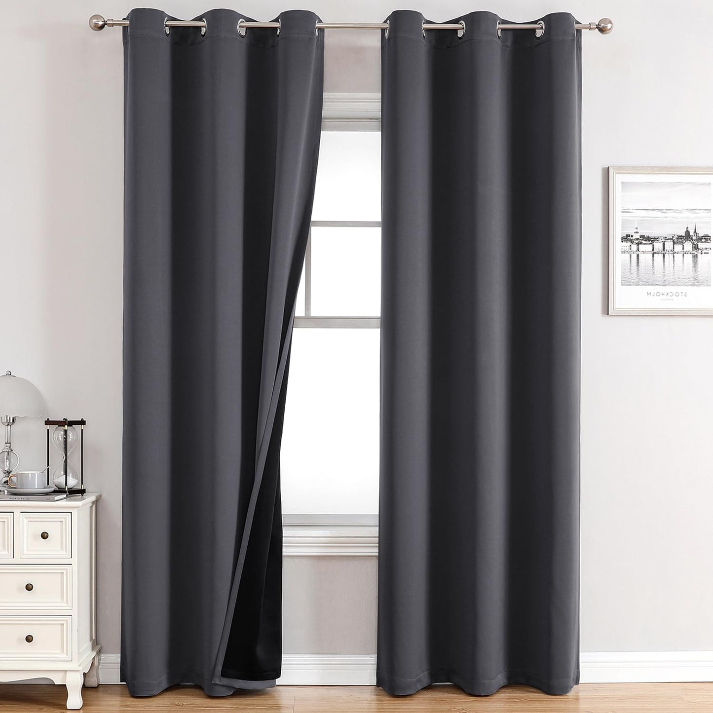 ChrisDowa 100% Blackout Curtains for Bedroom with Black Liner, 2 Thick Layers Total Blackout Thermal Insulated Grommet Window Curtains 84 Inch Long 2 Panels Set (Dark Grey, 42 x 84 Inch)