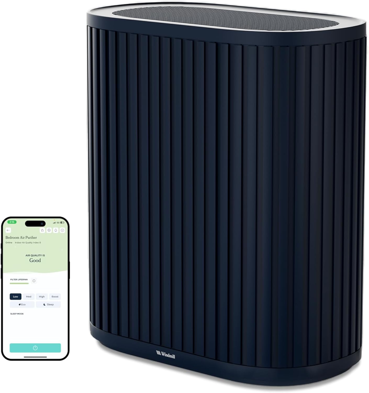 Windmill Air Purifier for Home - 3-In-1 Filtration for Smoke & More - True HEPA Filter, Activated Carbon, & Pre-Filter - Covers Up To 1950 sq ft - Ultra-Quiet - App Compatible - Navy
