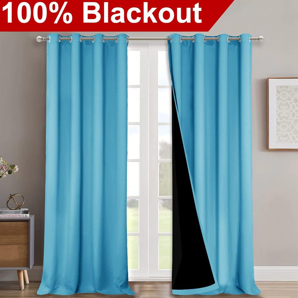NICETOWN 100% Blackout Curtains for Windows, Pack of 2, Teal Blue, 52" W x 120" L, Super Heavy-Duty Black Lined Total Darkness Drapes for Bedroom, Privacy Assured Window Treatment for Patio