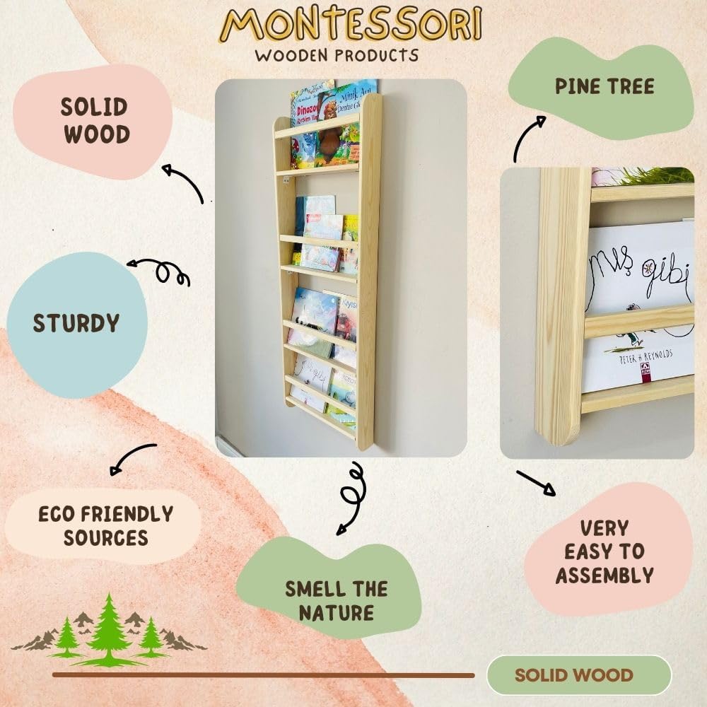Handmade Solidwood Wall Mounted Montessori Kids Bookshelf, Solid Pine 4 Tier Book Display for Children Bedroom, Nursery Furniture Bookcase, Pine Tree Book Organiser for Living Room (Chestnut)