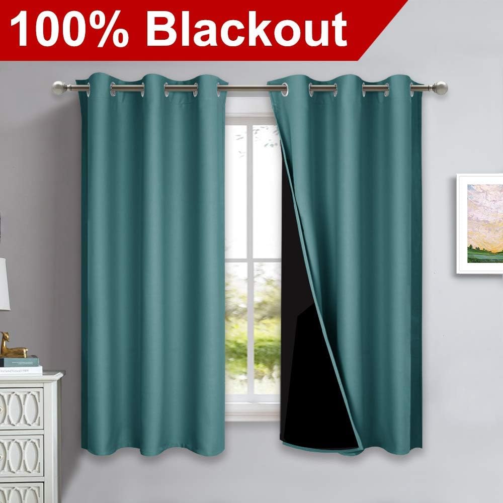NICETOWN 100% Blackout Short Curtains with Black Liners, 2 Panels, 37" W by 40" L, Sea Teal, Solid Thermal Insulated Full Blackout 2-Layer Lined Drapes, Energy Efficiency Window Draperies for Bedroom