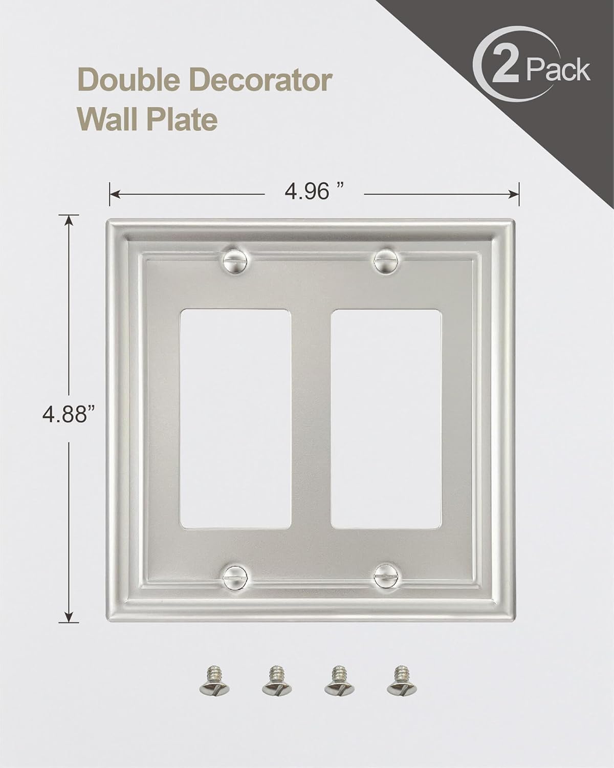 2-Pack Double Decorator Wall Plate, Satin Nickel Eletrical Outlet Cover Plate for Receptacle, Dimmer Switch, GFCI Outlet, Midsize, A035 Series