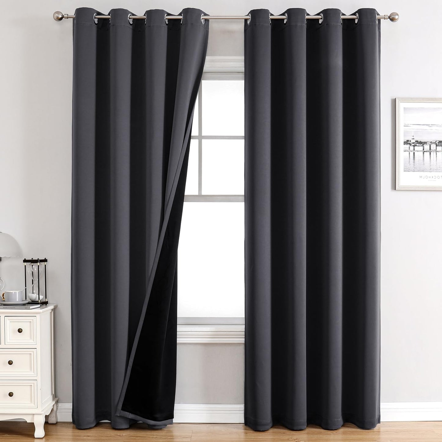 ChrisDowa 100% Blackout Curtains for Bedroom with Black Liner, 2 Thick Layers Total Blackout Thermal Insulated Grommet Window Curtains 72 Inch Length 2 Panels Set (Dark Grey, 52 x 72 Inch)