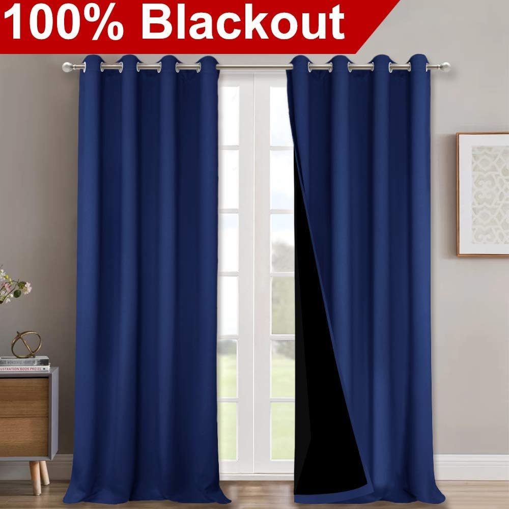 NICETOWN 100% Blackout Curtains for Windows, Pack of 2, Royal Blue, 52" W x 102" L, Super Heavy-Duty Black Lined Total Darkness Drapes for Bedroom, Privacy Assured Window Treatment for Patio