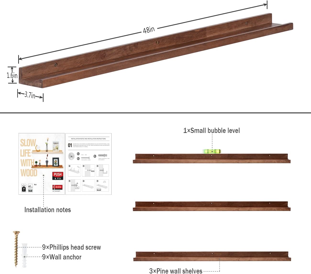 AZSKY Floating Wood Wall Shelves Light Walnut 48 Inch Long Hanging Picture Photo Ledge Shelf Rustic Modern Narrow Shelves for Wall Decor Storage and Display Nursery Book Shelves a Set of 3