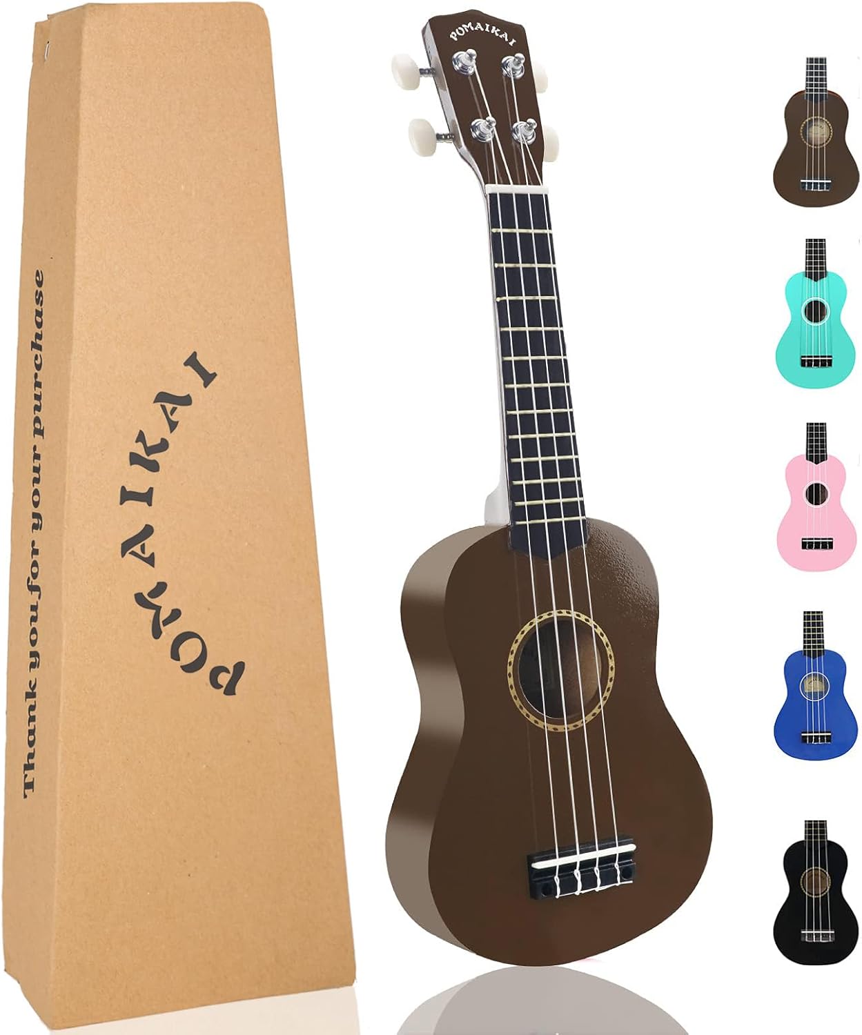 POMAIKAI Ukulele 21" Beginner Starter Wood Ukele Hawaiian Guitar Soprano Ukelele Musical Instruments and Students (Bright Brown)