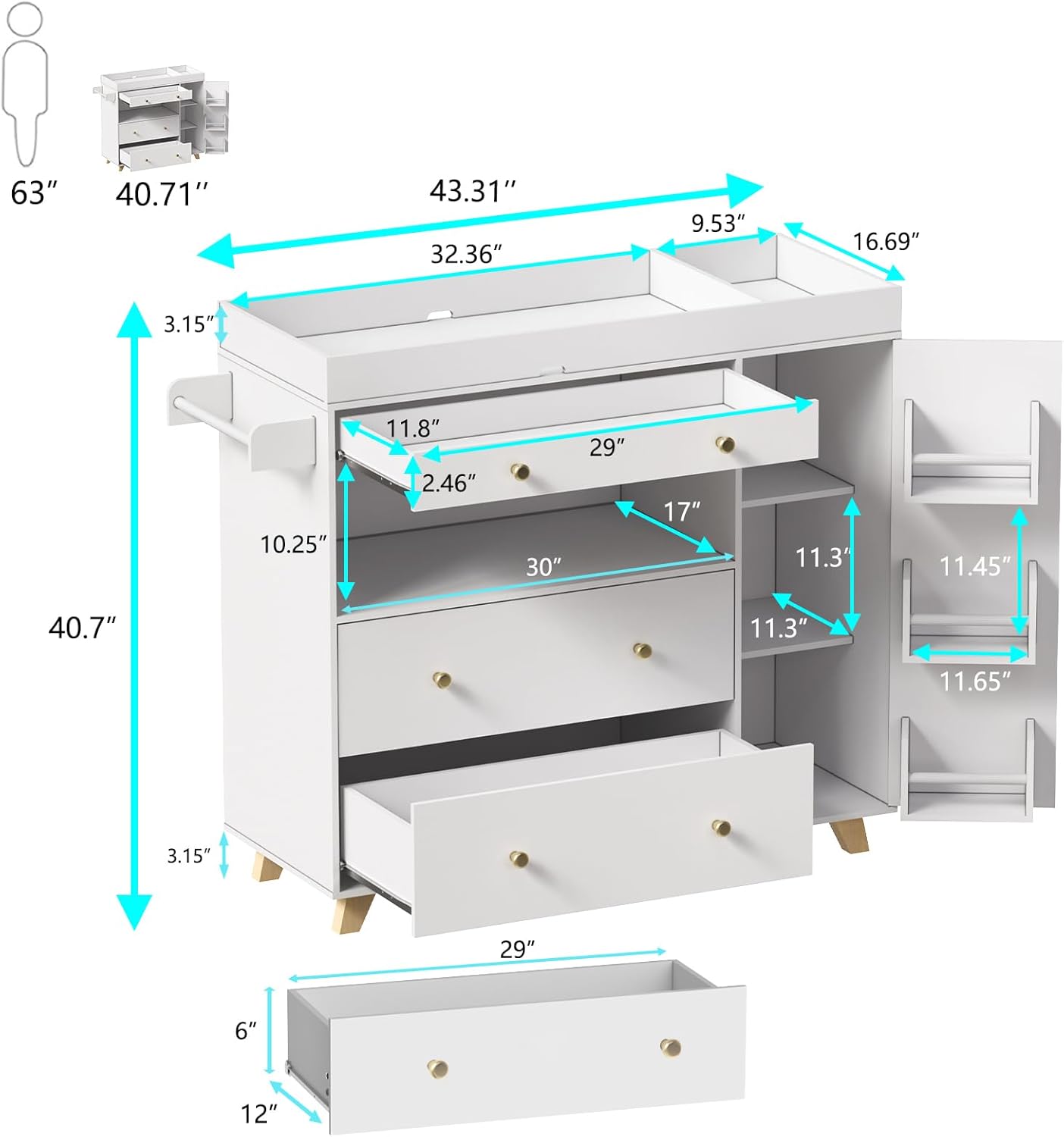 PAKASEPT Changing Table Modern Dresser with Wide Table Top, 3 Drawers, White Drawer Dresser