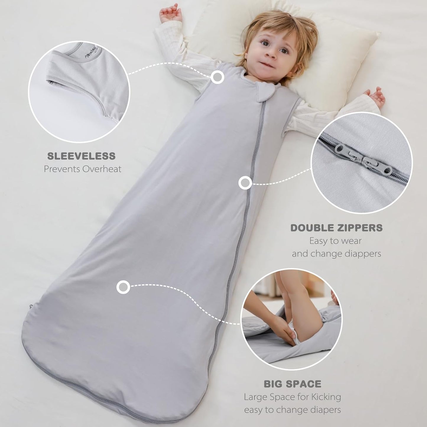 Mosebears Unisex Baby Sleep Sack 1.0 TOG, Supersoft Rayon Made from Bamboo Wearable Blanket with 2-Way Zipper (Light Grey,18-36 Months)