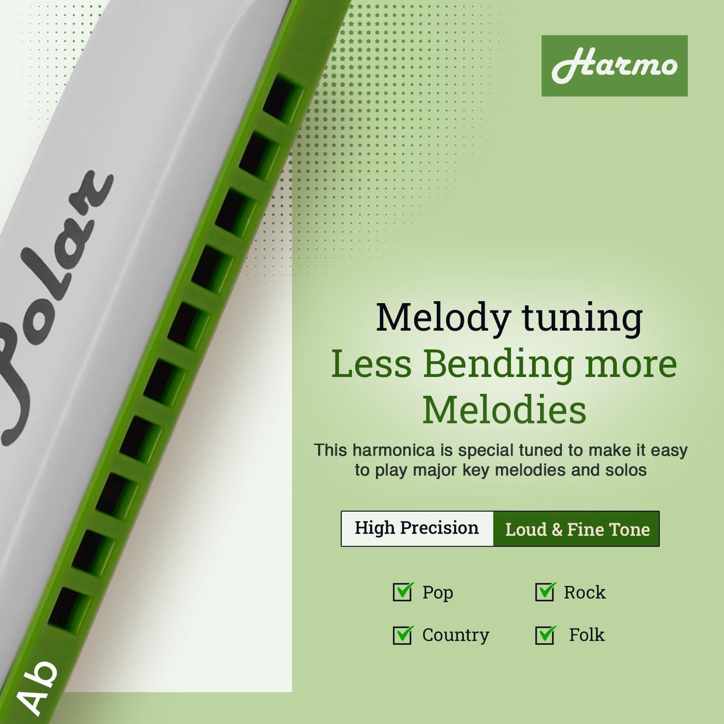 Polar Diatonic Melody Tuned Harmo Harmonica Key of Ab - Special Tuning for Easy Melodies in Cross Harp, 2 Octaves Without Bends, Loud & Responsive with Smooth Edges - USA-Checked
