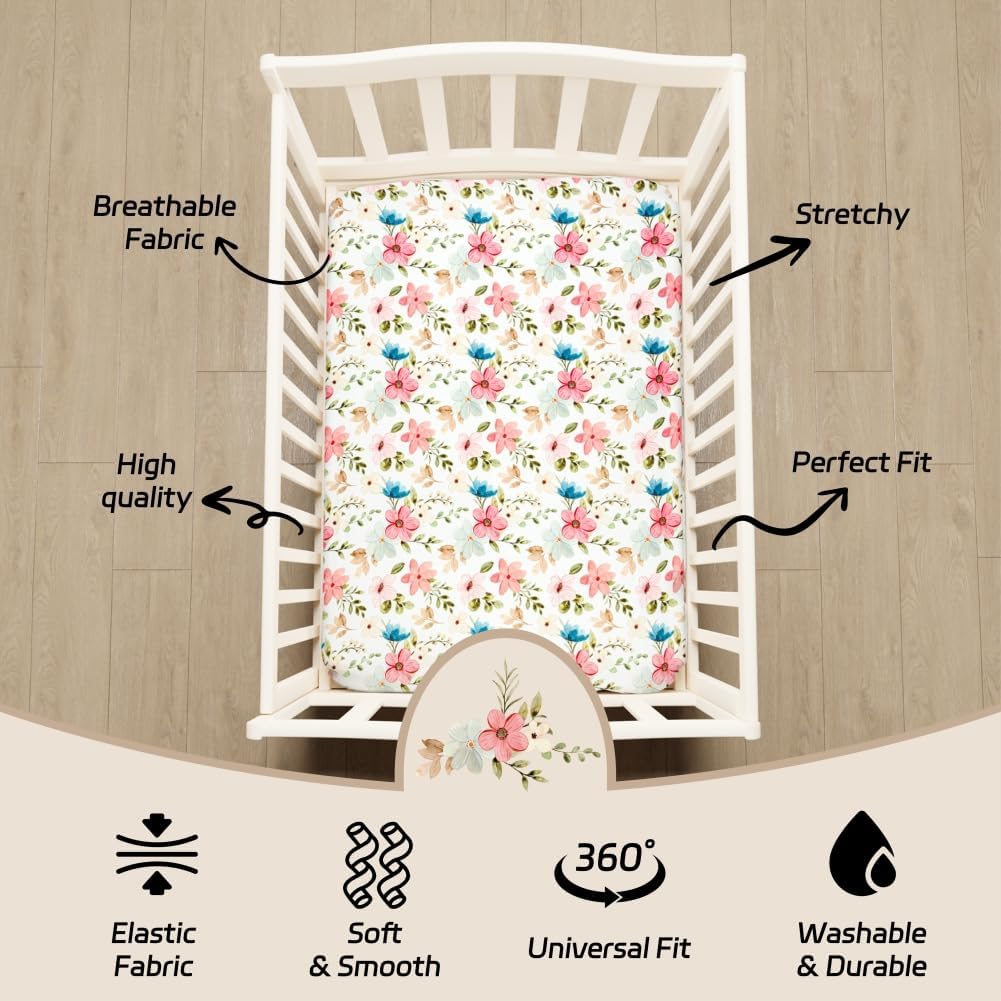 4 Pack Baby Girl Crib Sheets Set Soft Fitted Floral or Elephant Theme Baby Girl Mattress Covers Breathable Toddler Bed Sheets for Infant or Newborn Girls (Flower, Crib Sheets)