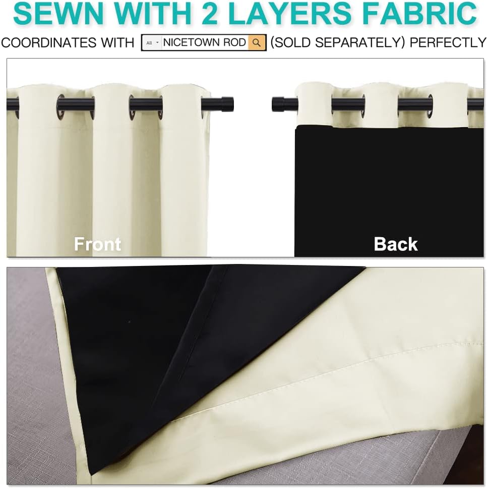 NICETOWN Cold Blocking Curtains, Bedroom Full Blackout Panels, Super Thick Insulated Window Covers, Complete Blackout Draperies with Black Liner for Short Window (Beige, Set of 2, 52 by 63-inch)