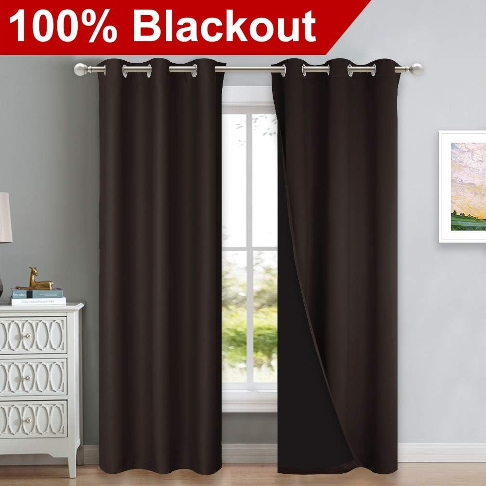 NICETOWN Blackout Curtains 80 inches Long, 2 Pieces, 42" Wide Each Panel, Brown, Full Light Blocking Drapes with Black Liner for Nursery, Thermal Insulated Draperies for Hall, Villa