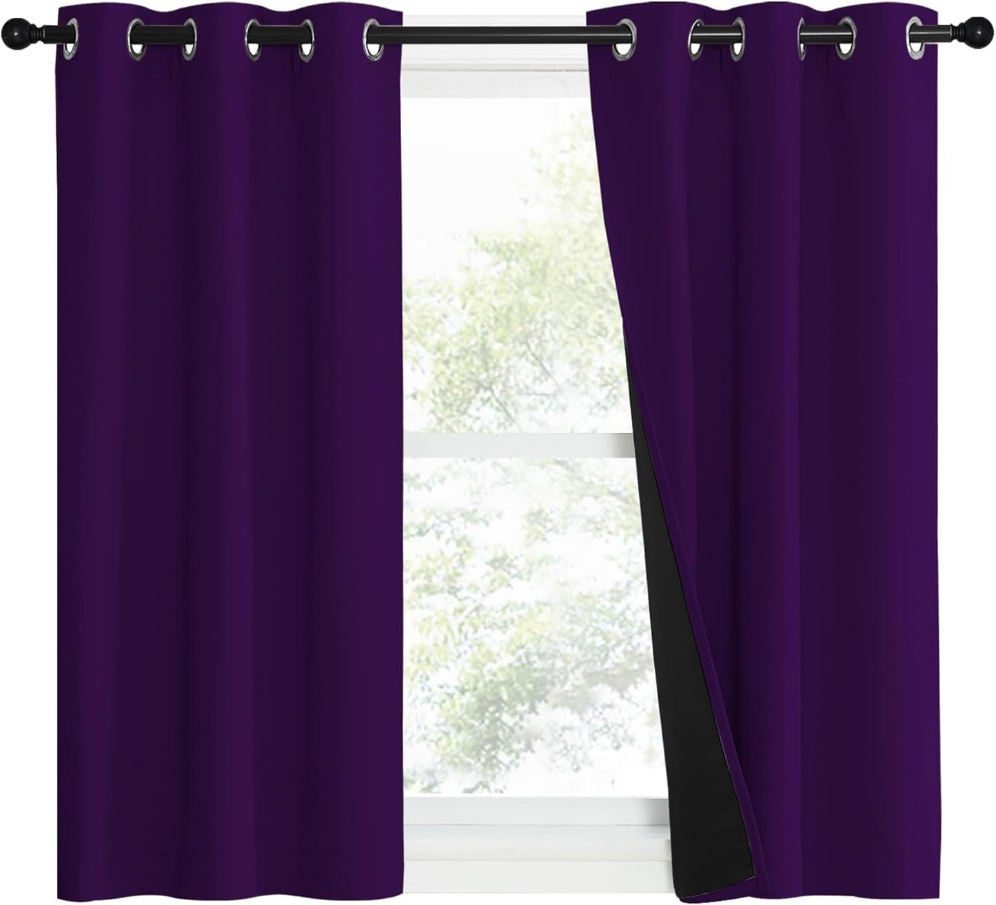 NICETOWN 100% Blackout Curtains with Black Liner Backing, Thermal Insulated Curtains for Living Room, Noise Reducing Drapes, Royal Purple, 37" Wide x 50" Long Per Panel, Set of 2 Panels