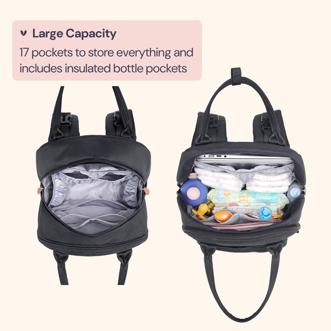 BabbleRoo Diaper Bag Backpack - Baby Essentials Travel Tote - Multi Function Waterproof Diaper Bag, Travel Essentials Baby Bag with Changing Pad, Stroller Straps & Pacifier Case - Unisex, Black