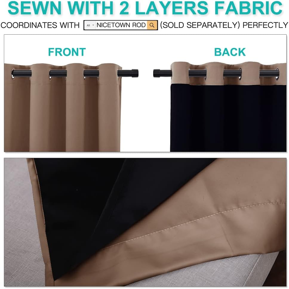 NICETOWN Cold Blocking Curtains, 100% Blackout Curtains Thermal, Noise Reduction and Privacy Curtains for Patio Door, Black Lined Blackout Drapes with Grommet Top, Cappuccino, 1 Pair, W52 x L84