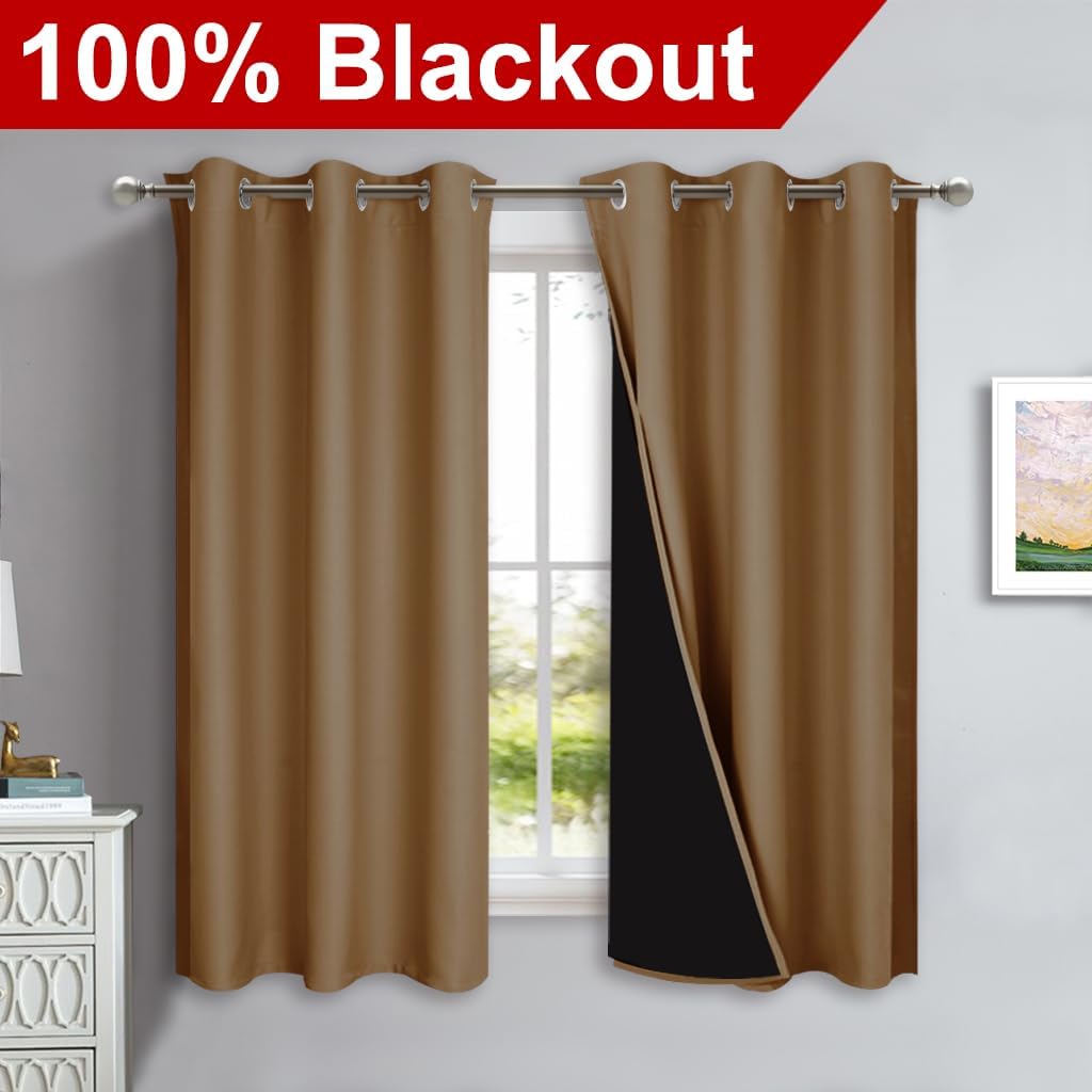 NICETOWN 100% Blackout Short Curtains with Black Liners, 2 Panels, 37" W by 63" L, Gold Brown, Solid Thermal Insulated Full Blackout 2-Layer Lined Drapes, Energy Efficiency Window Drapes for Bedroom
