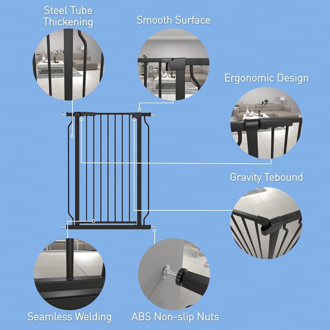 WAOWAO Extra Tall 40.55" Baby Gate 29.92-63.38" Wide Pressure Mounted Walk Through Swing Auto Close Safety Black Metal Toddler Child Dog Pet for Indoor Stairs,Doorways,Kitche