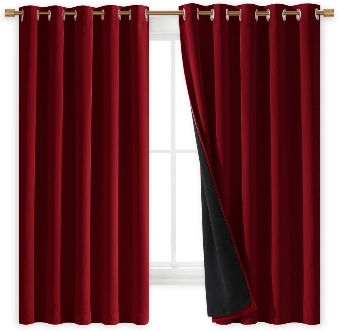 NICETOWN 100% Blackout Curtains with Black Liners, Burgundy Red, 2 Panels, 62-inch W by 63-inch L, Thermal Insulated Full Blackout 2-Layer Lined Drapes, Energy Efficiency Window Draperies for Bedroom