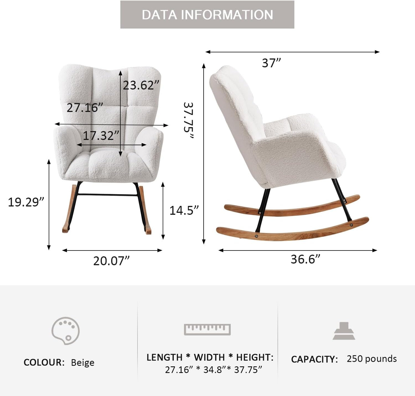 Nursery Rocking Chair, Teddy Upholstered Glider Rocker with High Backrest Armchair, Modern Rocking Accent Chairs for Nursery, Living Room, Bedroom, Offices (Ivory)