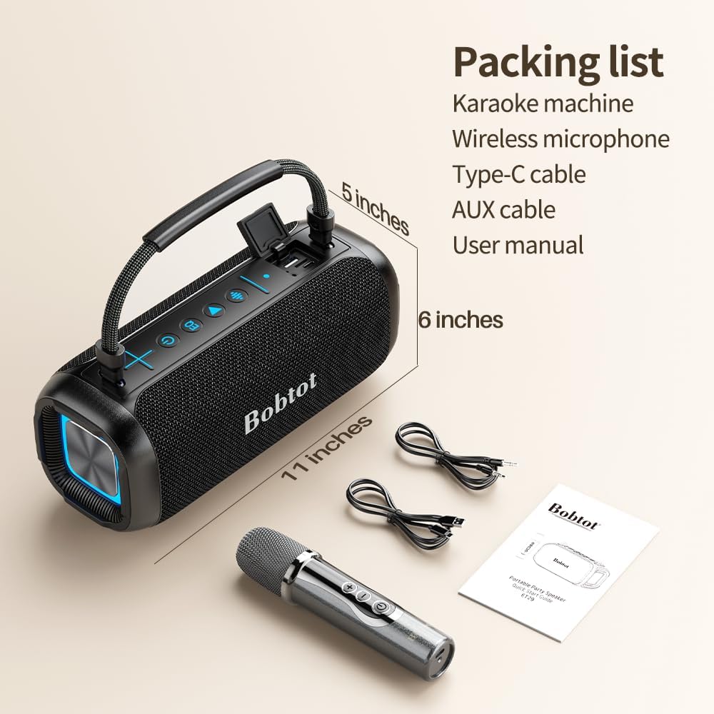 Portable Karaoke Machine, Bluetooth Speaker with Microphone, Three Echo Levels, Indoor and Outdoor Modes, IPX6, BT 5.3, Supports AUX, TF, USB
